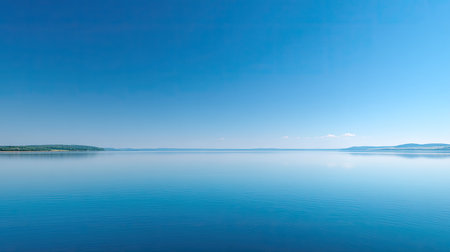 This image showcases a stunning blue lake under a clear sky with gentle ripples on the surface, perfect for evoking tranquility and serenity in any setting.の素材