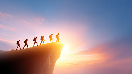 A group of hikers is seen in silhouette as they confidently ascend a mountain ridge at sunrise. The vibrant sky and dramatic landscape inspire feelings of adventure and determination.の素材