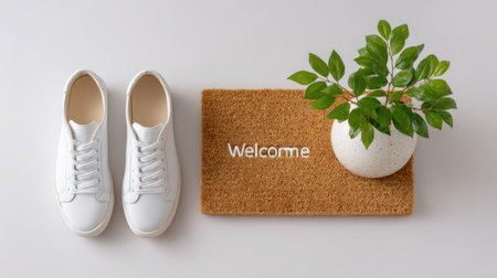A stylish pair of white sneakers lies beside a textured welcome mat and a small potted plant, creating a warm and inviting home entrance scene.の素材