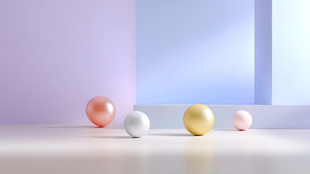 This image features a collection of soft pastel colored spheres placed against a minimalist backdrop, showcasing elegance and modern design elements that inspire creativity.の素材