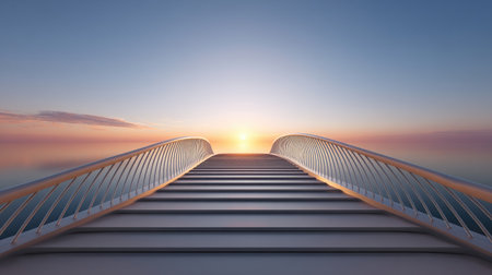 This stunning image features a modern bridge designed with gentle curves leading towards a vibrant sunset over calm water, evoking feelings of tranquility and exploration.の素材