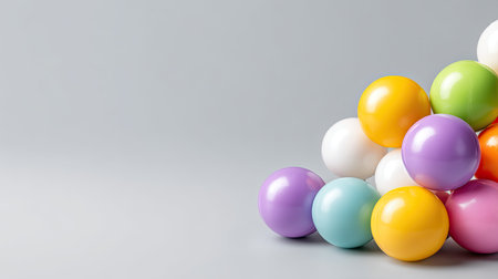 A vibrant arrangement of glossy spheres in various colors on a soft gray backdrop, ideal for decoration, design inspiration, or playful themes.の素材