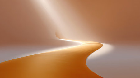 This abstract image features a tranquil landscape with a flowing path illuminated by gentle light. The warm tones and minimalist design evoke a sense of peace and beauty.の素材