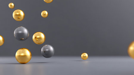 A captivating image of floating metallic spheres in silver and gold colors creates an elegant atmosphere. Ideal for abstract design and modern themes.の素材