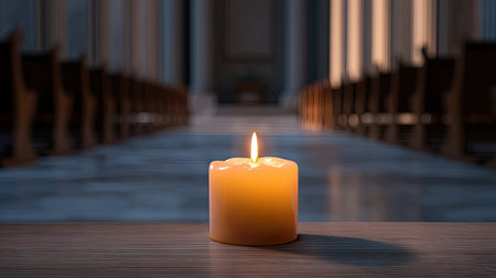 A serene candle flame placed on a wooden table illuminates an empty church interior, creating a warm and peaceful ambiance perfect for meditation or reflection.の素材