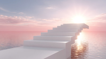 A surreal scene of pristine white stairs leading toward a glowing horizon, framed by soft pastel skies, creating a sense of tranquility and inspiration.の素材