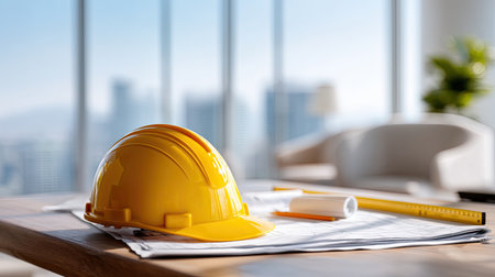 A bright yellow hard hat rests on architectural plans in a modern office space, showcasing a blend of construction and interior design. The urban backdrop inspires productivity and creativity.の素材