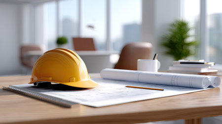 A bright and modern construction workspace featuring a yellow safety helmet, blueprints, and essential tools laid out on a desk, symbolizing planning and design.の素材