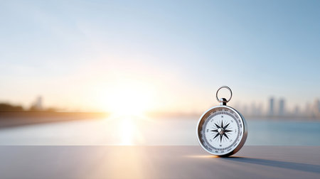 A silver compass rests on a table with a beautiful sunset and city skyline in the background, representing direction and the spirit of adventure.の素材