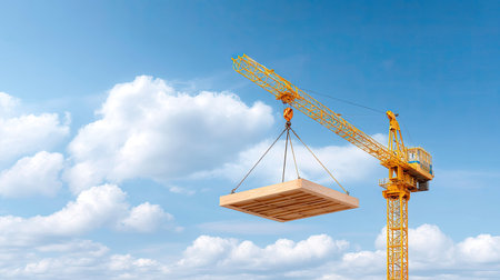 A bright yellow crane lifts a wooden pallet against a vivid blue sky filled with fluffy clouds, symbolizing progress in modern construction and engineering.の素材