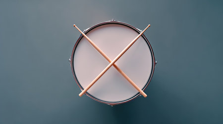 A top view of a round drum features crossed wooden drumsticks, set against a smooth, solid background, representing musical creativity and rhythm.の素材