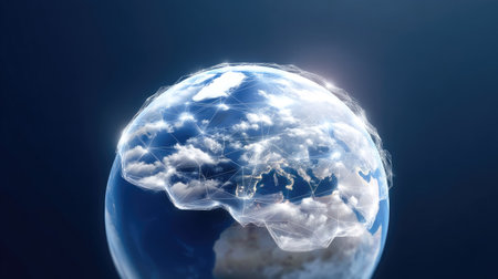 This captivating image showcases a futuristic globe surrounded by a network of connections and clouds, symbolizing global communication and technological advancement.の素材