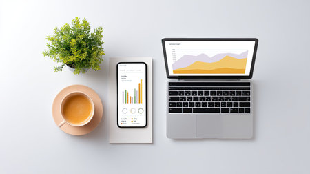 A modern workspace showcasing a laptop and smartphone displaying data charts, paired with a coffee cup and a decorative plant, perfect for business.の素材