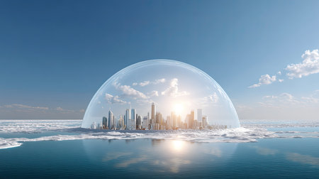 A captivating image of a futuristic city protected by a transparent dome, surrounded by calm ocean waters under a serene blue sky, showcasing innovation.の素材