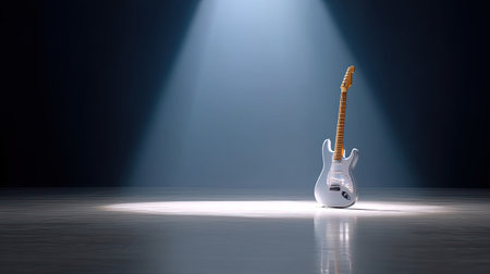 A striking white electric guitar stands alone on a stage bathed in soft spotlight, creating a dramatic image that evokes music, creativity, and performance.の素材