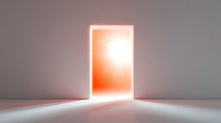 A captivating image of an open doorway radiating bright light, symbolizing hope and new opportunities, set against a minimalist backdrop.の素材