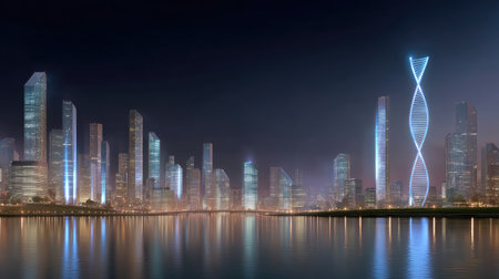 This breathtaking image showcases a modern city skyline at night, featuring illuminated skyscrapers and their reflections in the calm water below.の素材