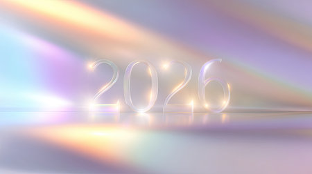A stunning design featuring the glowing numbers 2026 on a reflective surface, surrounded by soft pastel colors and shimmering light effects.の素材