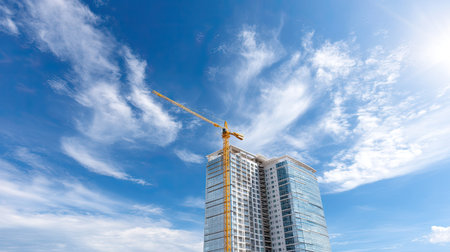 A prominent construction site featuring a tall building with a crane under a bright blue sky, showcasing modern architecture and urban development.の素材