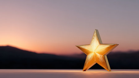 A stunning golden star decoration radiates warmth and elegance against a soft twilight landscape, embodying beauty and tranquil atmosphere in evening light.の素材