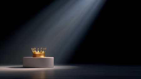 A stunning golden crown rests atop a white pedestal, illuminated by a dramatic spotlight in a dark setting, ideal for themes of royalty and luxury.の素材