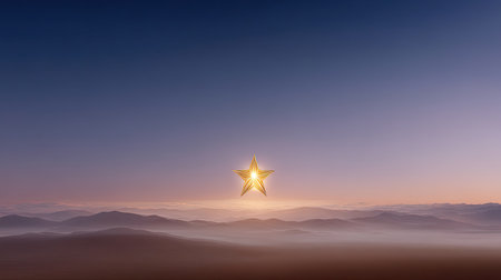 A breathtaking view of a serene mountain landscape at sunrise, with a radiant star shining brightly above the horizon, creating a tranquil and dreamy atmosphere.の素材