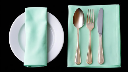 A modern and elegant table setting featuring a mint green napkin, shiny cutlery, and a pristine white plate on a black background, ideal for dining decor inspiration.の素材