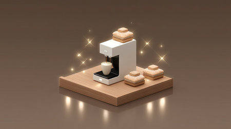 A stylish modern coffee machine sits elegantly on a wooden table, accompanied by delightful cookies, glowing with sparkles, evoking warmth and comfort.の素材