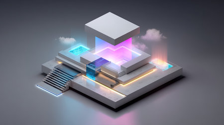 A stunning representation of futuristic architecture showcasing minimalist design elements. The artwork features geometric shapes, vibrant neon lights, and an abstract spatial environment, evoking creativity and innovation.の素材