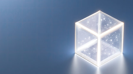 A captivating transparent cube emitting a soft glow on a serene blue background, surrounded by delicate sparkles, evoking a sense of modern beauty and creativity.の素材