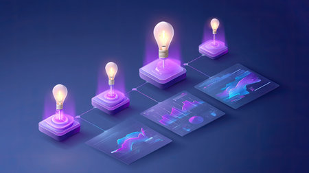 This digital illustration features glowing light bulbs symbolizing creativity and insights connected to colorful data visualizations and trend graphs.の素材