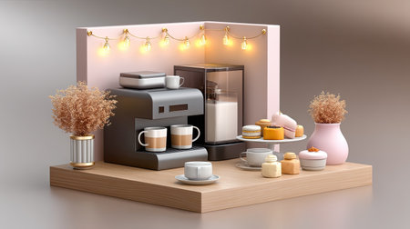 A stylish kitchen scene features a coffee machine alongside an array of pastries and floral elements, perfect for a modern breakfast or cozy coffee break.の素材