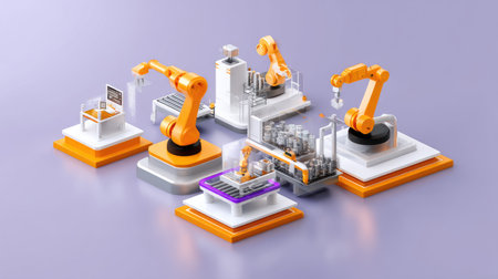 A high-tech illustration showcasing the integration of robotic arms in an industrial setting, emphasizing modern automation and innovative manufacturing processes.の素材
