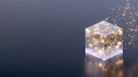 A stunning transparent cube emits glowing sparkles against a dark backdrop, perfect for any creative design or visual project seeking elegance and intrigue.の素材