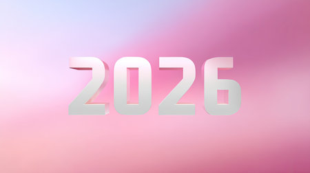 This image features a striking 3D representation of the year 2026, set against a soft pink gradient background, symbolizing elegance and modernity.の素材