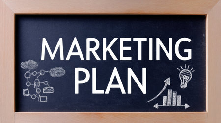 This image showcases a marketing plan concept illustrated on a chalkboard, featuring key visual elements that symbolize strategy, growth, and creativity for business success.の素材