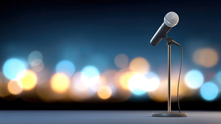 A sleek microphone on a stand stands against a vibrant bokeh background, ideal for themes related to music performance, events, and public speaking.の素材
