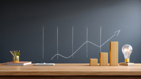 A stylish office workspace featuring a growth chart with a light bulb, wooden blocks, and stationery. Perfect for business and creative projects.の素材