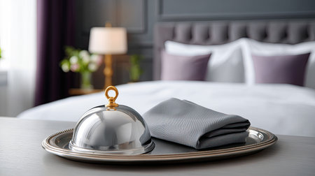 This image features a luxurious hotel room showcasing a silver service bell on a tray next to an elegant napkin. The modern decor creates a cozy and inviting atmosphere.の素材