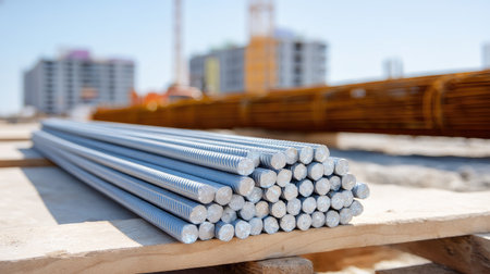 Close-up of neatly stacked steel rods on a construction site, showcasing essential building materials with a modern urban setting in the background.の素材