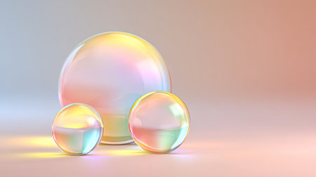 This image features vibrant iridescent spheres reflecting soft pastel light on a smooth surface, creating a serene and artistic atmosphere for various design needs.の素材