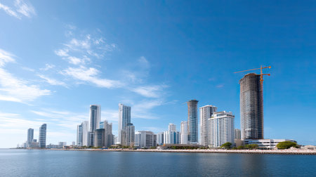 This stunning urban skyline showcases modern skyscrapers against a radiant blue sky, reflecting beautifully on the calm waterfront waters, representing thriving architecture.の素材