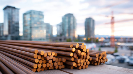 Close-up view of neatly stacked wooden dowels with a vibrant urban skyline in the background at dusk, emphasizing craftsmanship and construction materials.の素材
