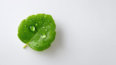 A striking close-up of a fresh green leaf adorned with shimmering water droplets on a clean white background, showcasing the elegance of nature.の素材
