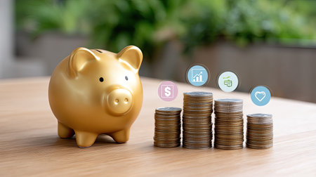 A golden piggy bank sits next to stacks of coins, symbolizing the importance of savings and investment. Icon illustrations highlight financial growth.の素材