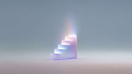 A captivating image of ethereal stairs illuminated with soft gradient colors, set in a minimalist space. Ideal for various abstract concepts and creative projects.の素材