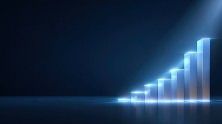 This image features a sleek and modern abstract growth chart with illuminated bar graphs on a dark background, ideal for business presentations and financial analysis.の素材