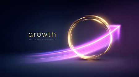 This abstract image symbolizes growth and advancement, showcasing a glowing arrow and circular design in vibrant colors, perfect for conveying progress.の素材