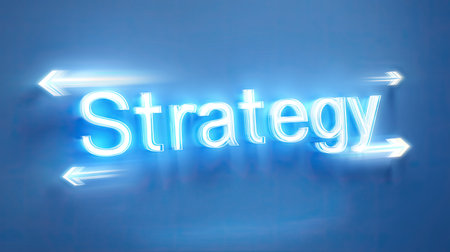 This striking image features the word "Strategy" illuminated by a blue light effect, creating a sense of motion and innovation, ideal for business and planning concepts.の素材