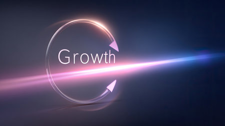 This abstract image showcases a concept of growth with circular arrows and vibrant light rays, symbolizing progress, innovation, and development in various fields.の素材